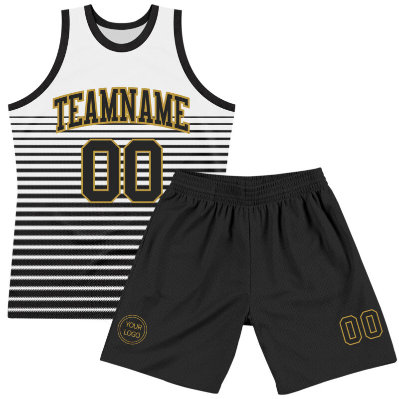 Custom White Black-Old Gold Pinstripe Fade Fashion Round Neck Sublimation Basketball Suit Jersey - Image 2