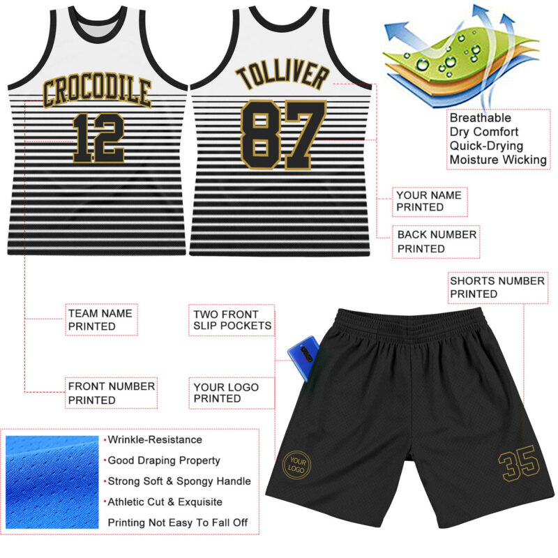 Custom White Black-Old Gold Pinstripe Fade Fashion Round Neck Sublimation Basketball Suit Jersey - Image 3