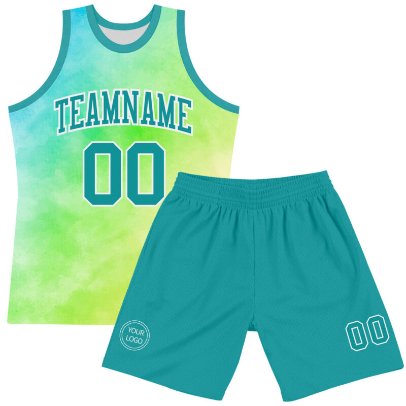 Custom Tie Dye Teal-White Round Neck Sublimation Basketball Suit Jersey - Image 2