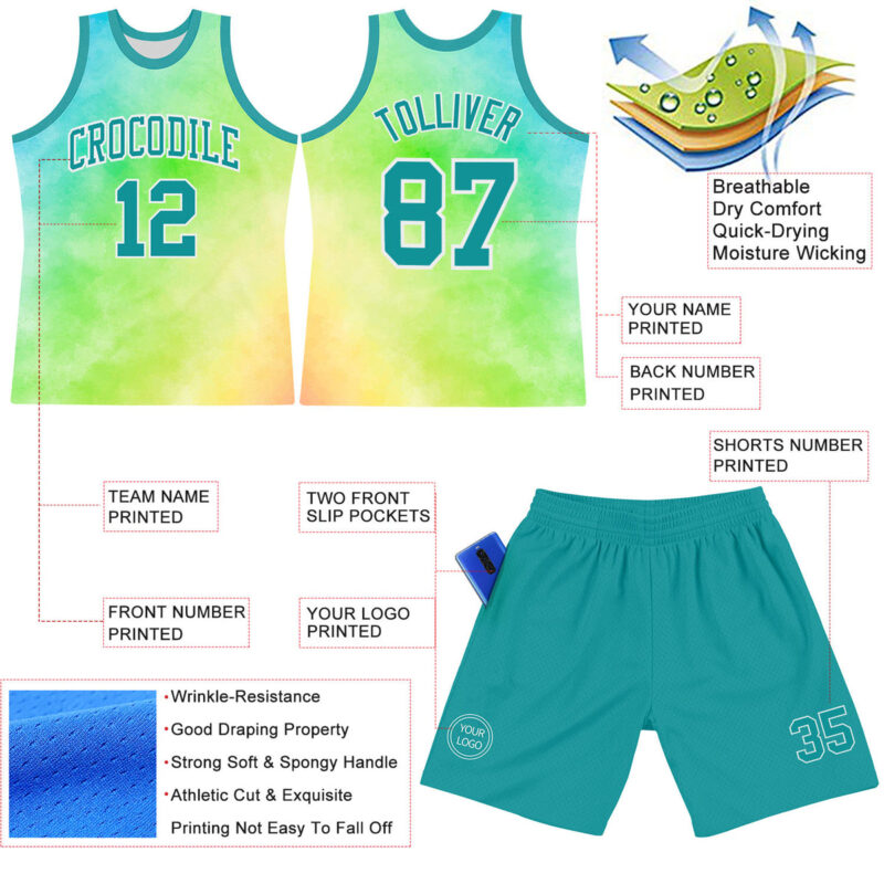 Custom Tie Dye Teal-White Round Neck Sublimation Basketball Suit Jersey - Image 3