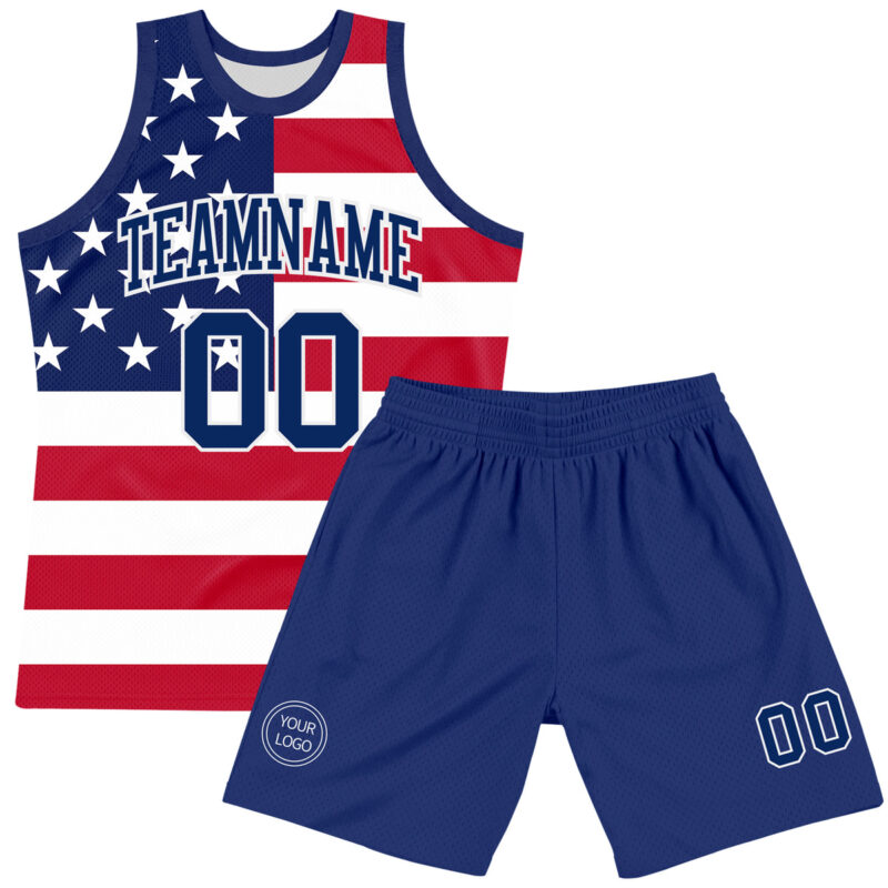 Custom Red Royal-White American Flag Round Neck Sublimation Basketball Suit Jersey - Image 2