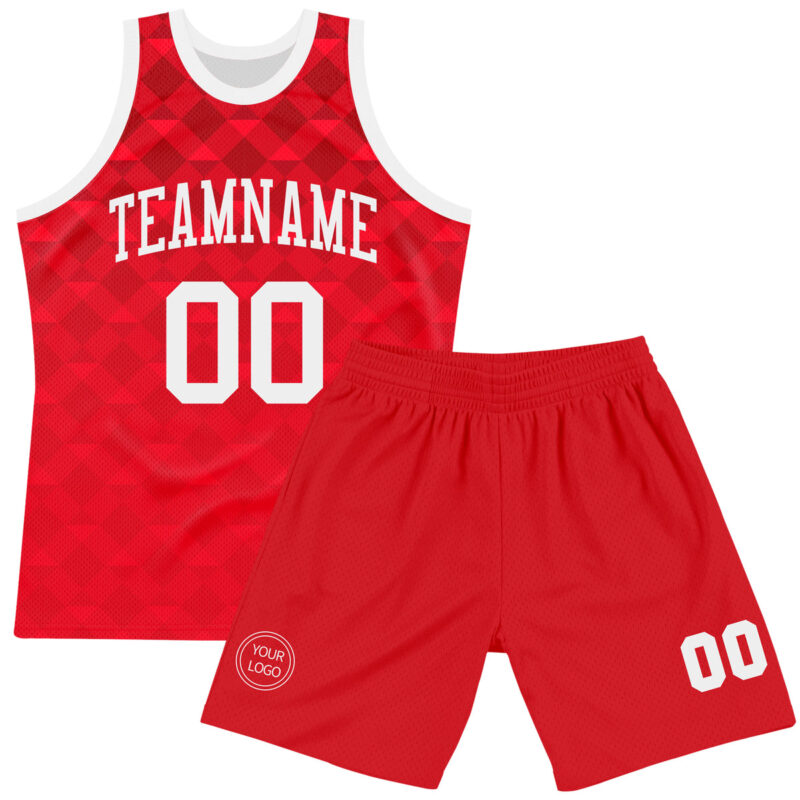 Custom Red White Geometric Shape Round Neck Sublimation Basketball Suit Jersey - Image 2