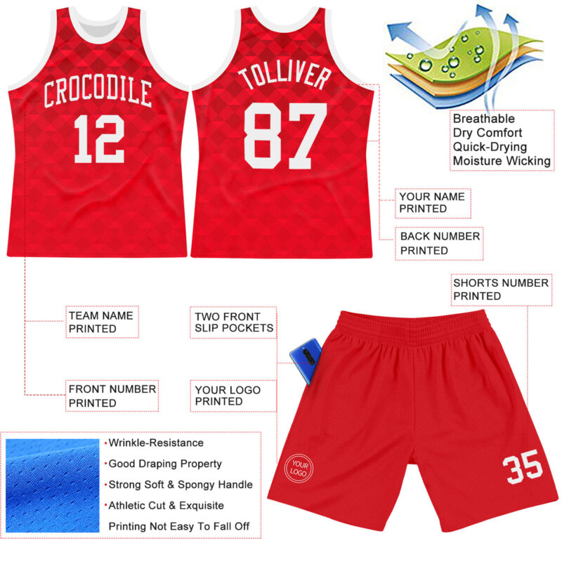 Custom Red White Geometric Shape Round Neck Sublimation Basketball Suit Jersey - Image 3