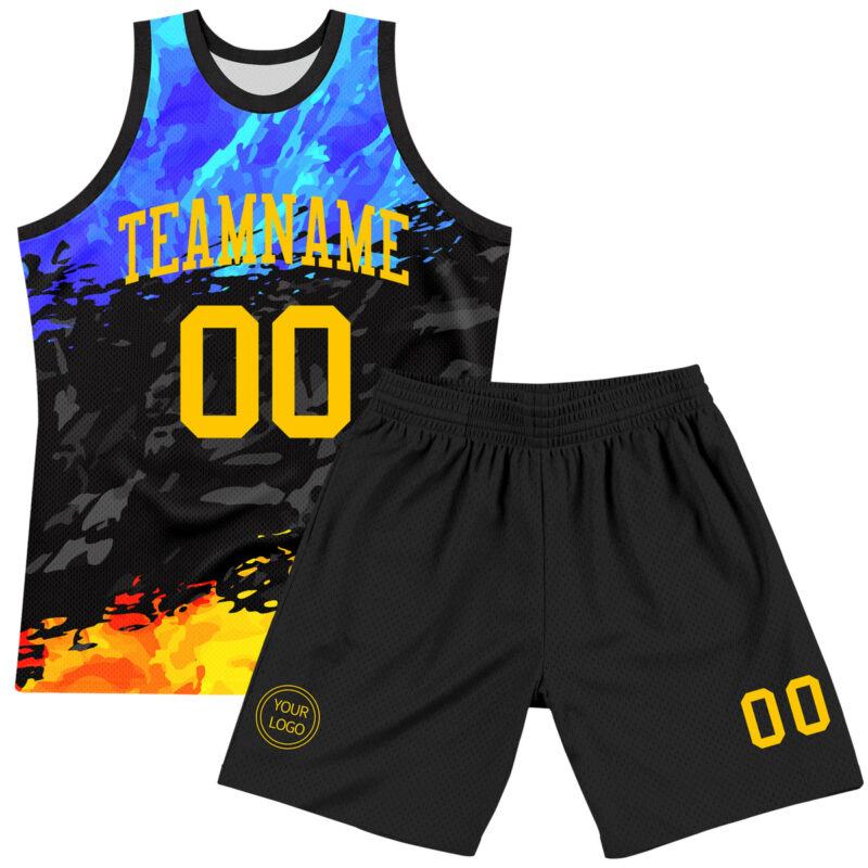 Custom Figure Yellow Royal-Black Splash Round Neck Sublimation Basketball Suit Jersey - Image 2