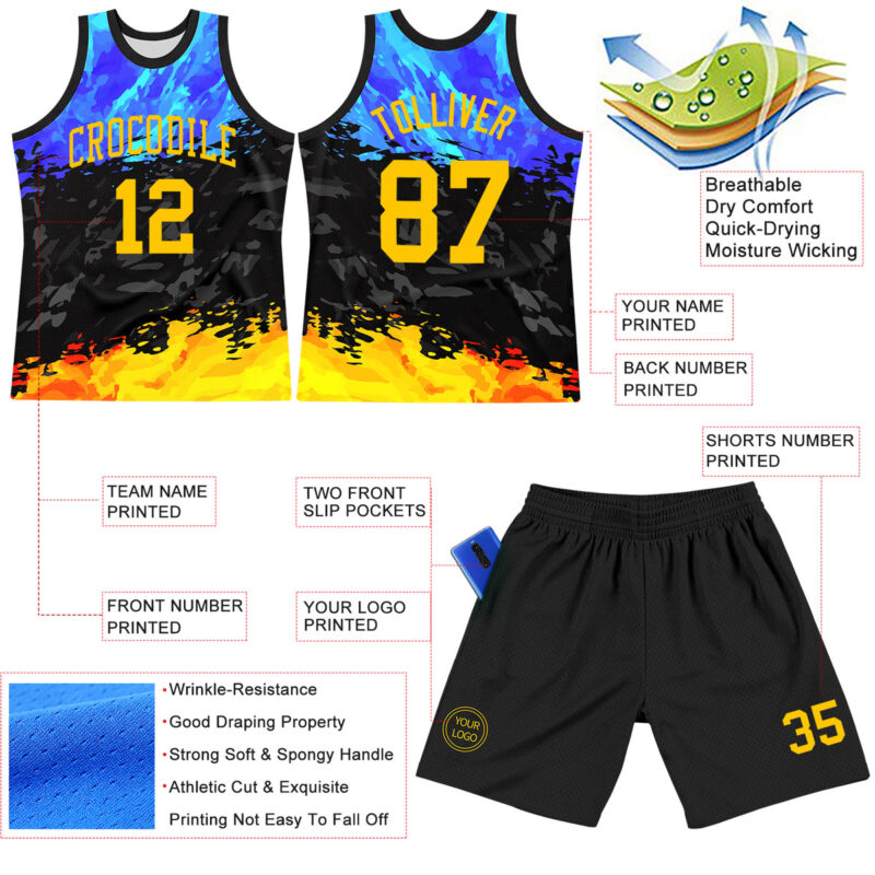 Custom Figure Yellow Royal-Black Splash Round Neck Sublimation Basketball Suit Jersey - Image 3