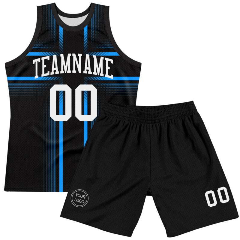 Custom Black White-Light Blue Line Round Neck Sublimation Basketball Suit Jersey - Image 2