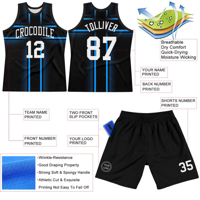 Custom Black White-Light Blue Line Round Neck Sublimation Basketball Suit Jersey - Image 3
