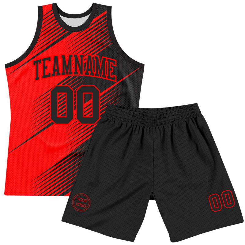 Custom Red Black Line Round Neck Sublimation Basketball Suit Jersey - Image 2