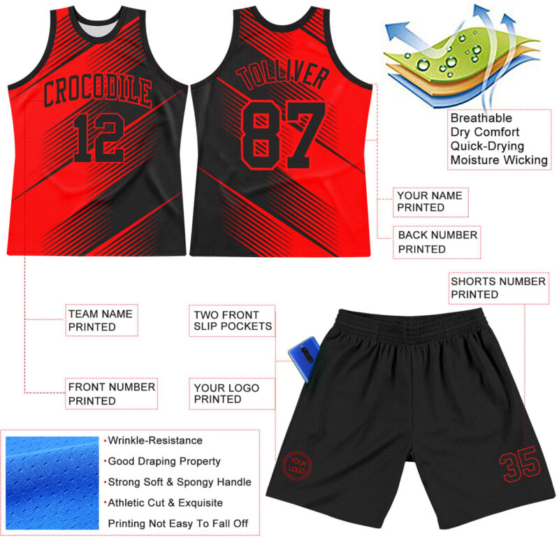 Custom Red Black Line Round Neck Sublimation Basketball Suit Jersey - Image 3