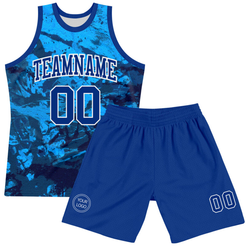Custom Tie Dye Royal-White Round Neck Sublimation Basketball Suit Jersey - Image 2