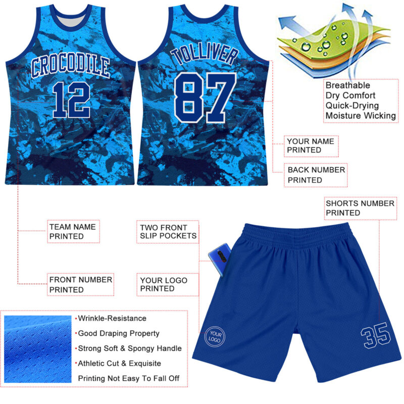 Custom Tie Dye Royal-White Round Neck Sublimation Basketball Suit Jersey - Image 3
