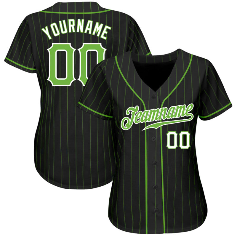 Custom Black Neon Green Pinstripe Neon Green-White Authentic Baseball Jersey - Image 3