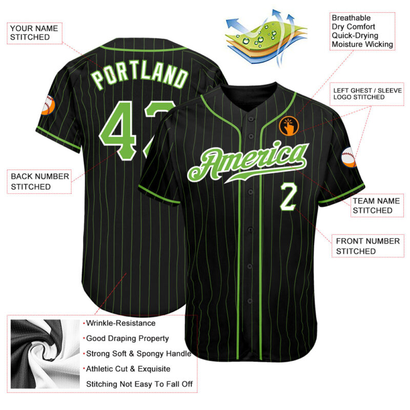 Custom Black Neon Green Pinstripe Neon Green-White Authentic Baseball Jersey - Image 4