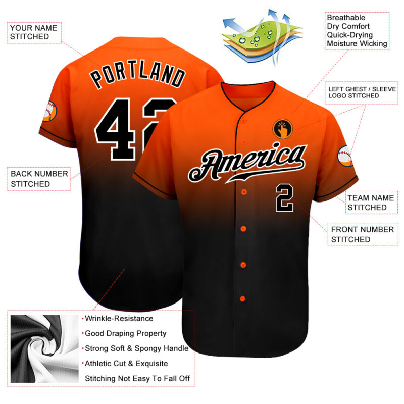Custom Orange Black-White Authentic Fade Fashion Baseball Jersey - Image 3