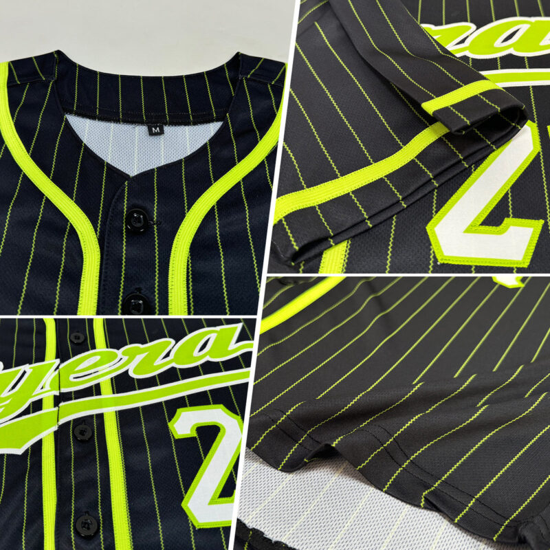 Custom Black Neon Green Pinstripe Neon Green-White Authentic Baseball Jersey - Image 2