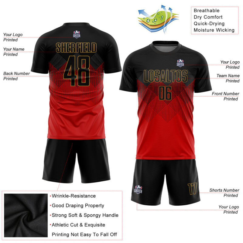 Custom Red Black-Old Gold Sublimation Soccer Uniform Jersey - Image 5