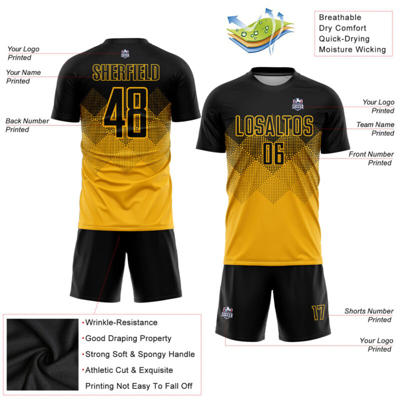 Custom Gold Black Sublimation Soccer Uniform Jersey - Image 5