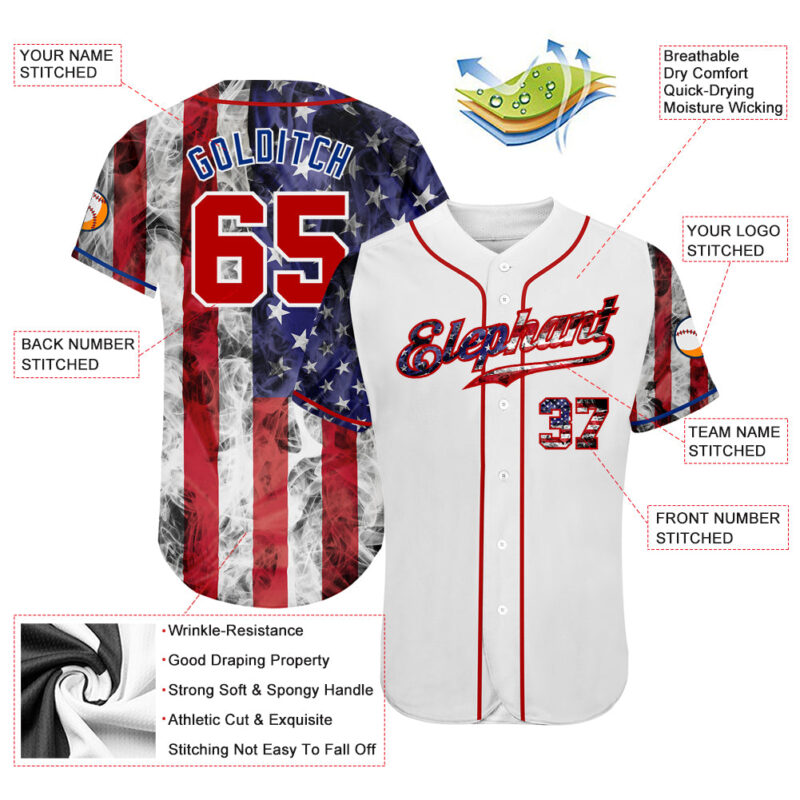 Custom White Red-Royal 3D American Flag Authentic Baseball Jersey - Image 3