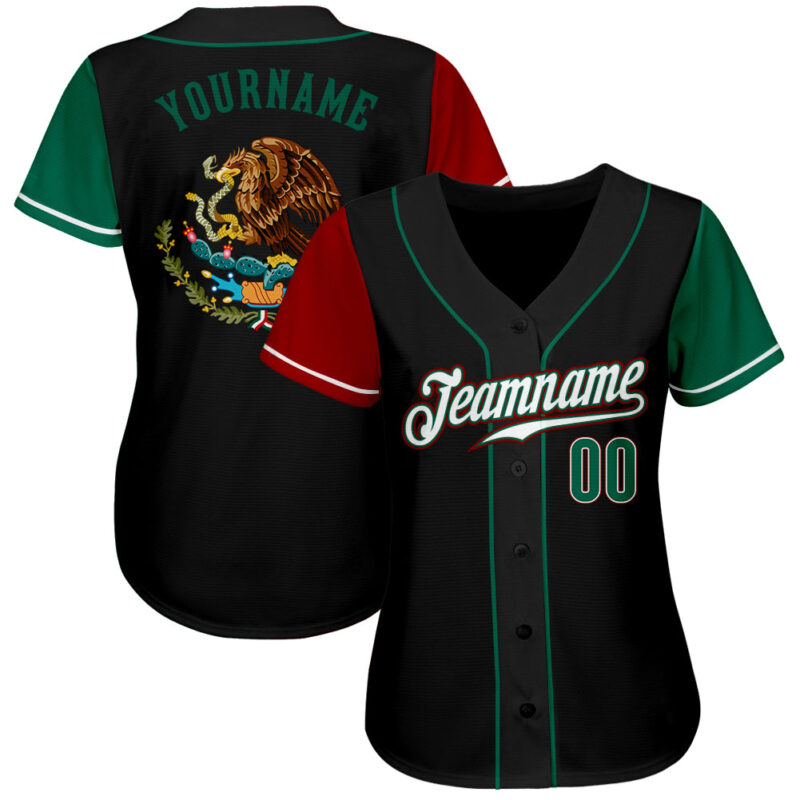 Custom Black Kelly Green-Red Authentic Mexico Two Tone Baseball Jersey - Image 2