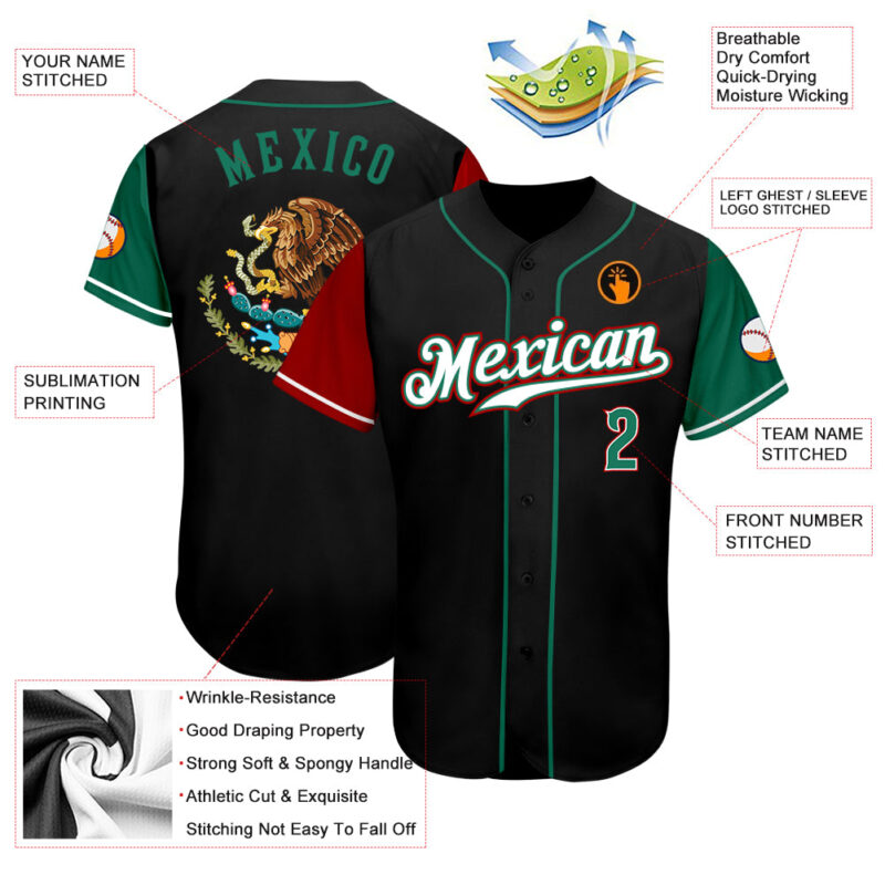 Custom Black Kelly Green-Red Authentic Mexico Two Tone Baseball Jersey - Image 3
