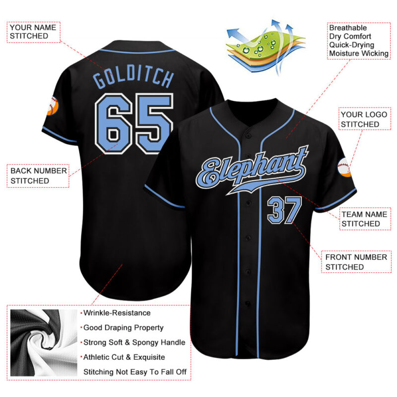 Custom Black Light Blue-White Authentic Baseball Jersey - Image 3