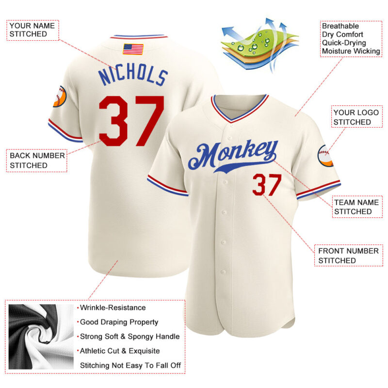 Custom Cream Red-Royal Authentic American Flag Fashion Baseball Jersey - Image 3
